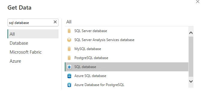 Vyber SQL databázi s Fabric ikonkou